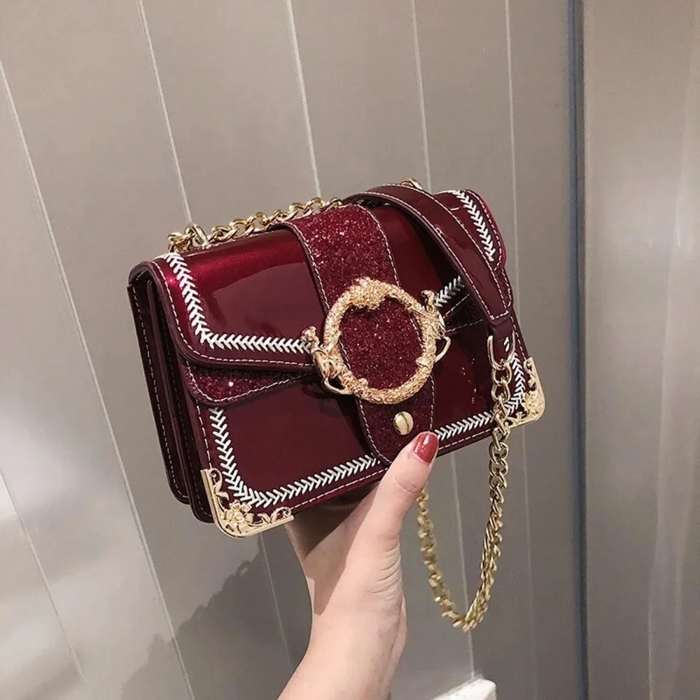 Graphite Chain Glitter Leather Shoulder Bag / Crossbody Bag (Red) - Picture 2 of 5